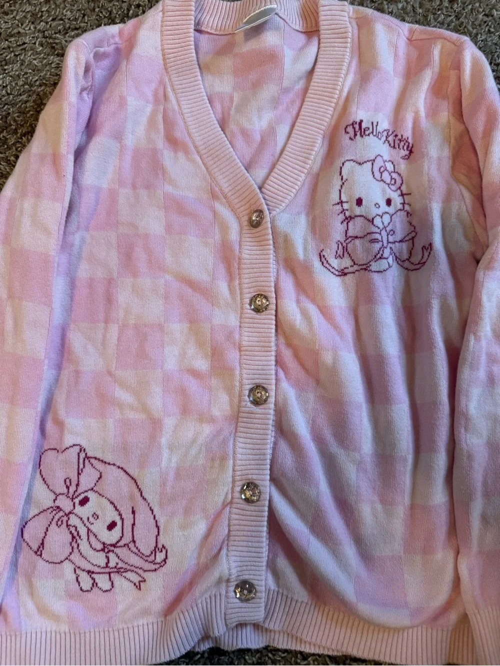 Hello Kitty Pink Checked Girls' Button-Front Cardigan